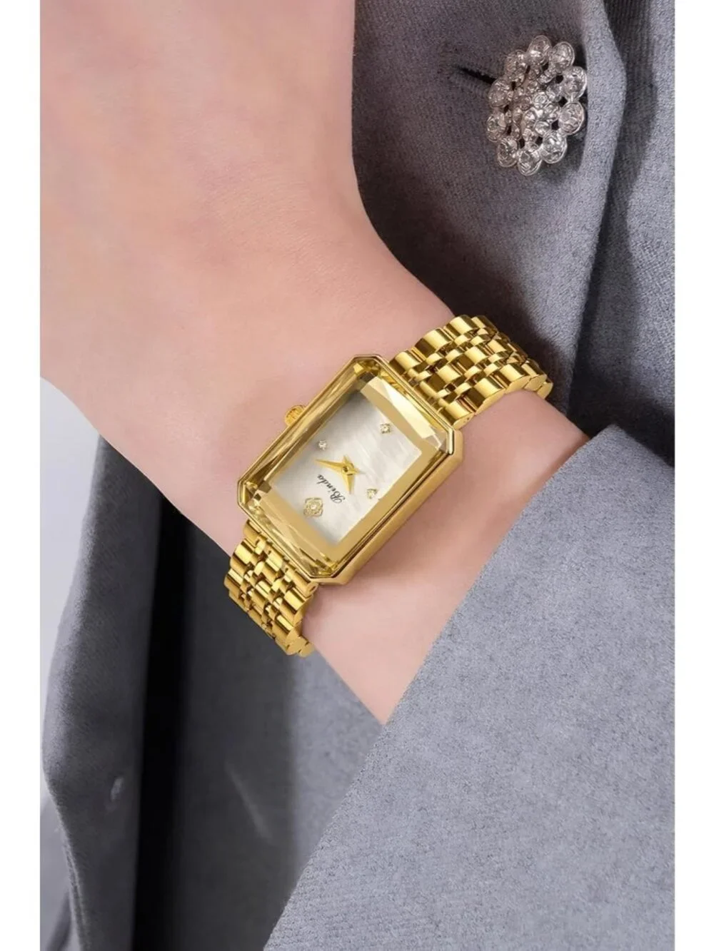 Women's Silver White Vintage Rectangular Case Stainless Steel Band Wrist Watch
